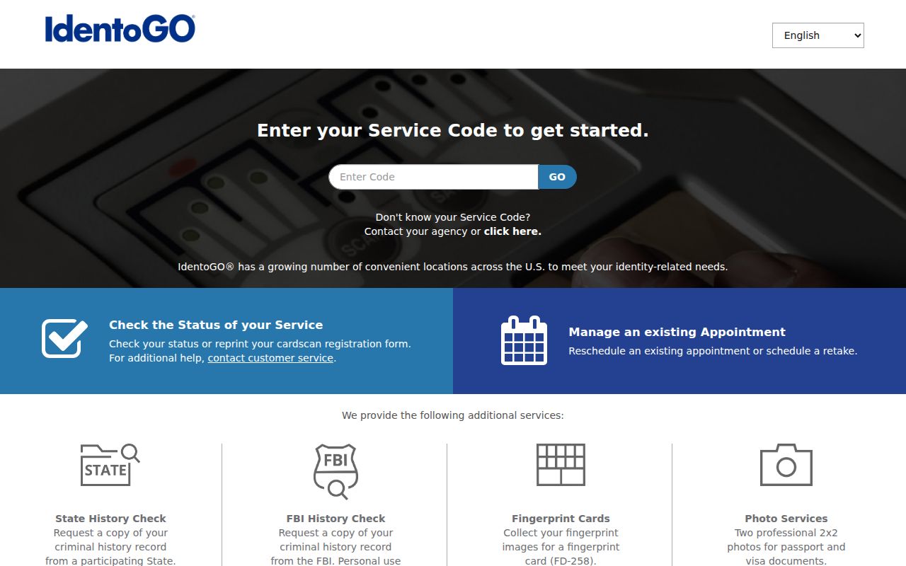 IdentoGO service-code entry for authorized Carroll County fingerprint background checks