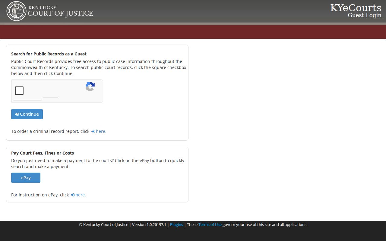 KYeCourts Guest CourtNet public entry screen for Carroll County case searches