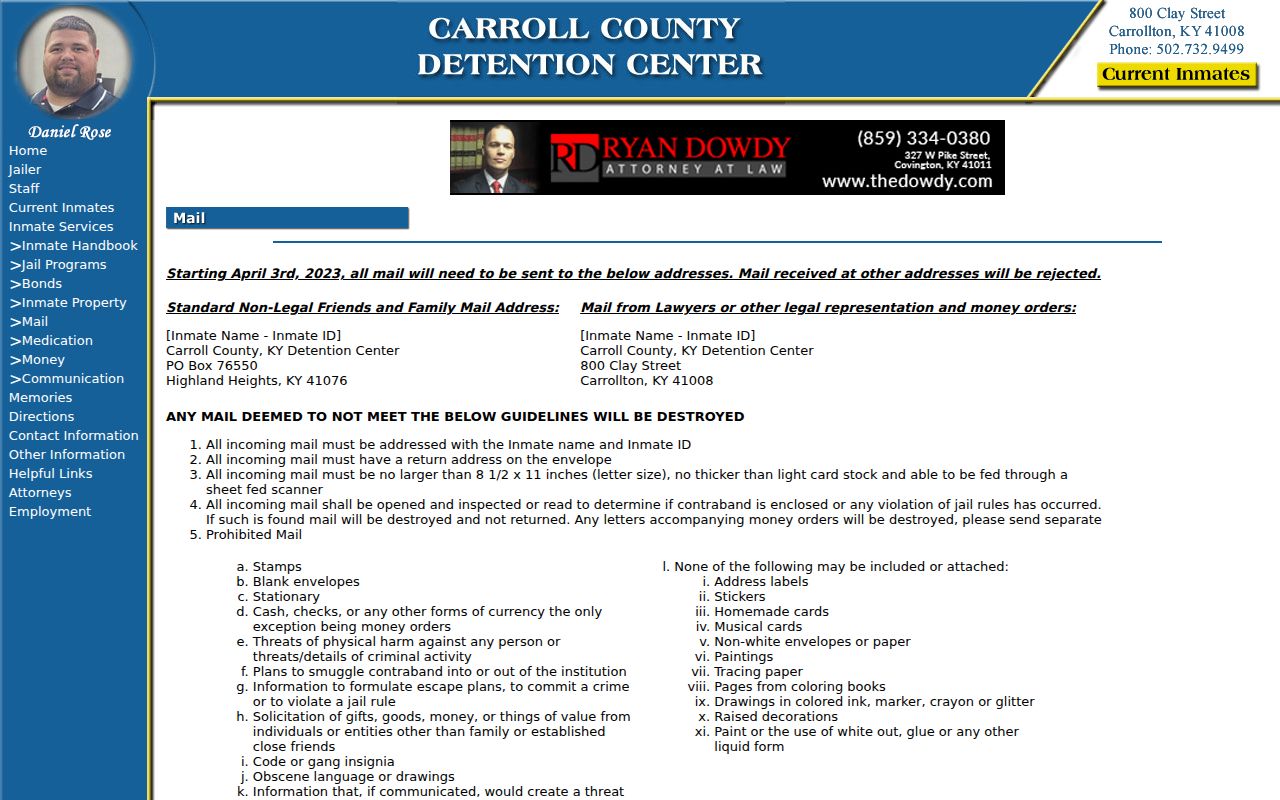 Carroll County Detention Center mail guidance used for Sanders county custody