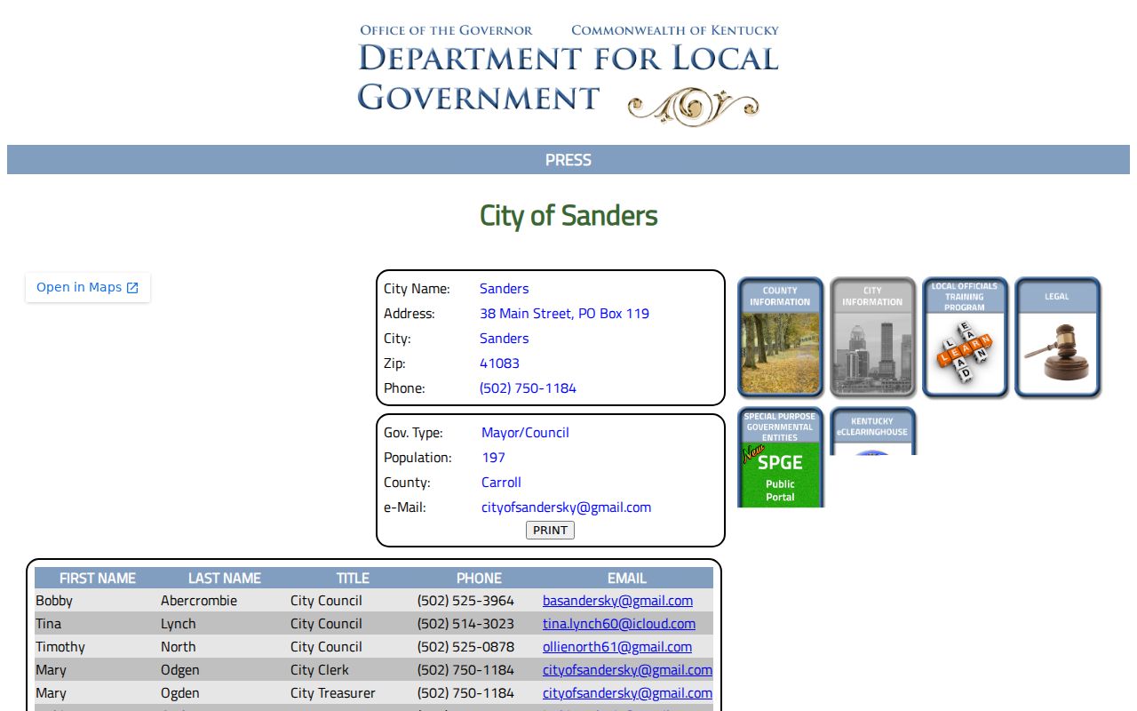 Kentucky Department for Local Government profile for Sanders city officials